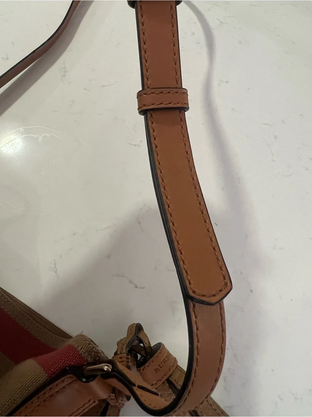 Burberry Beige, Brown and Red Check Crossbody Bag with Leather Trim